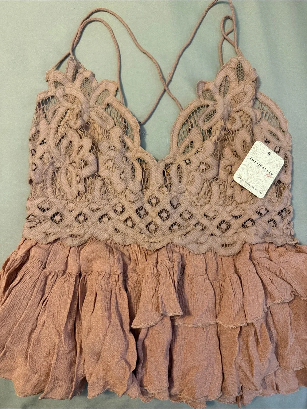 Free People Mauve Lace Smocked Tiered Camisole